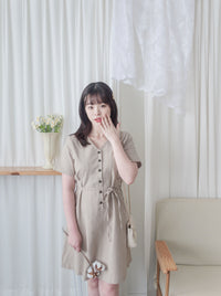 Linen 麻棉顯瘦弧腰線連身裙 Dress/ DS9909 (Beige/Mustard soldout)