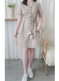 Linen 麻棉顯瘦弧腰線連身裙 Dress/ DS9909 (Beige/Mustard soldout)