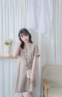 Linen 麻棉顯瘦弧腰線連身裙 Dress/ DS9909 (Beige/Mustard soldout)