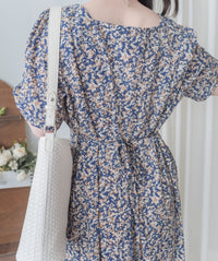 Mist Blue Floral 方領霧藍印花傘魚尾連身裙 Dress / DS9911