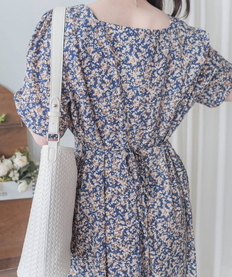 Mist Blue Floral 方領霧藍印花傘魚尾連身裙 Dress / DS9911
