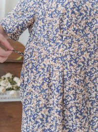 Mist Blue Floral 方領霧藍印花傘魚尾連身裙 Dress / DS9911