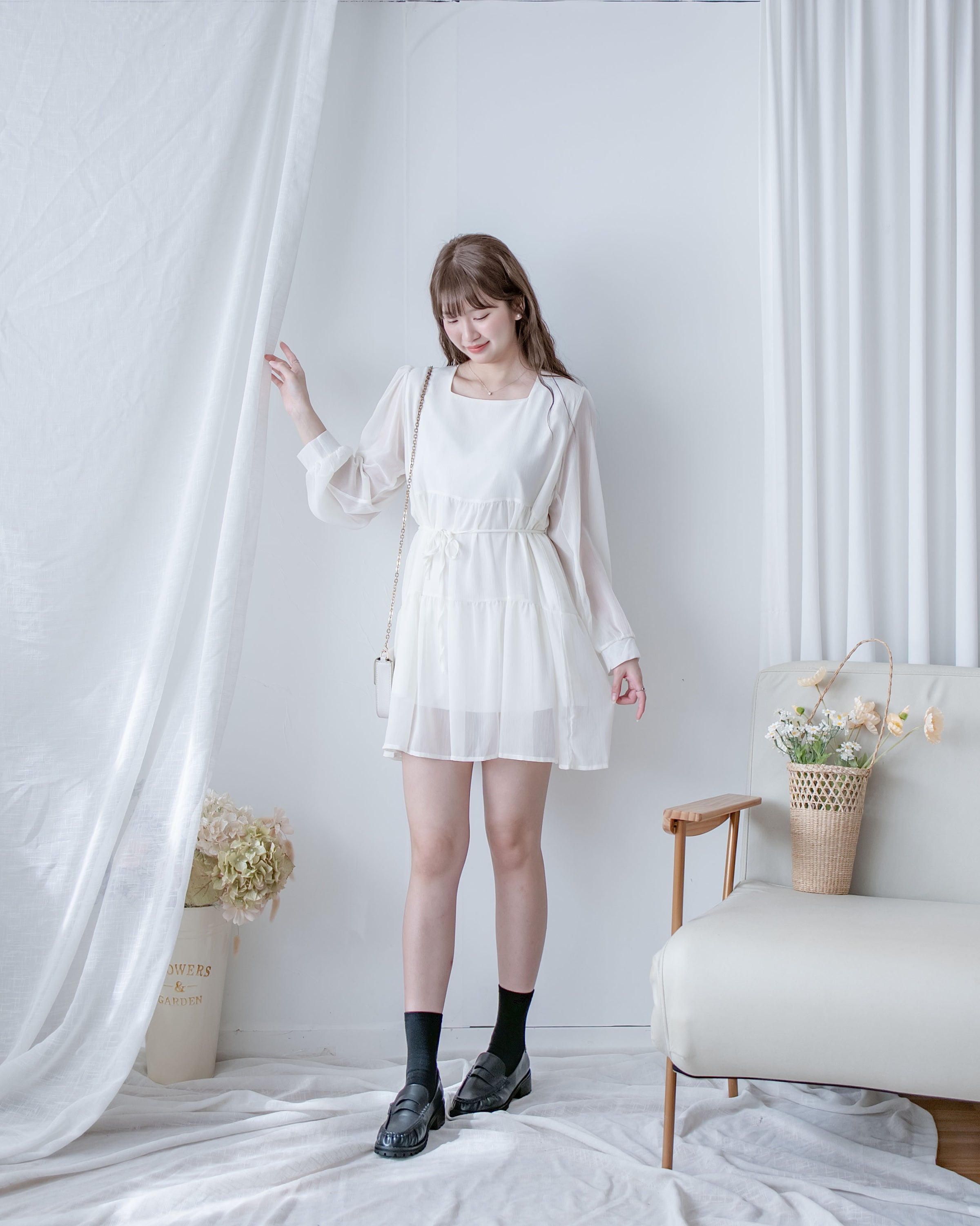Chiffon Square Collar Dress
 雪紡方領層次感飄逸連衣裙/ DS1082