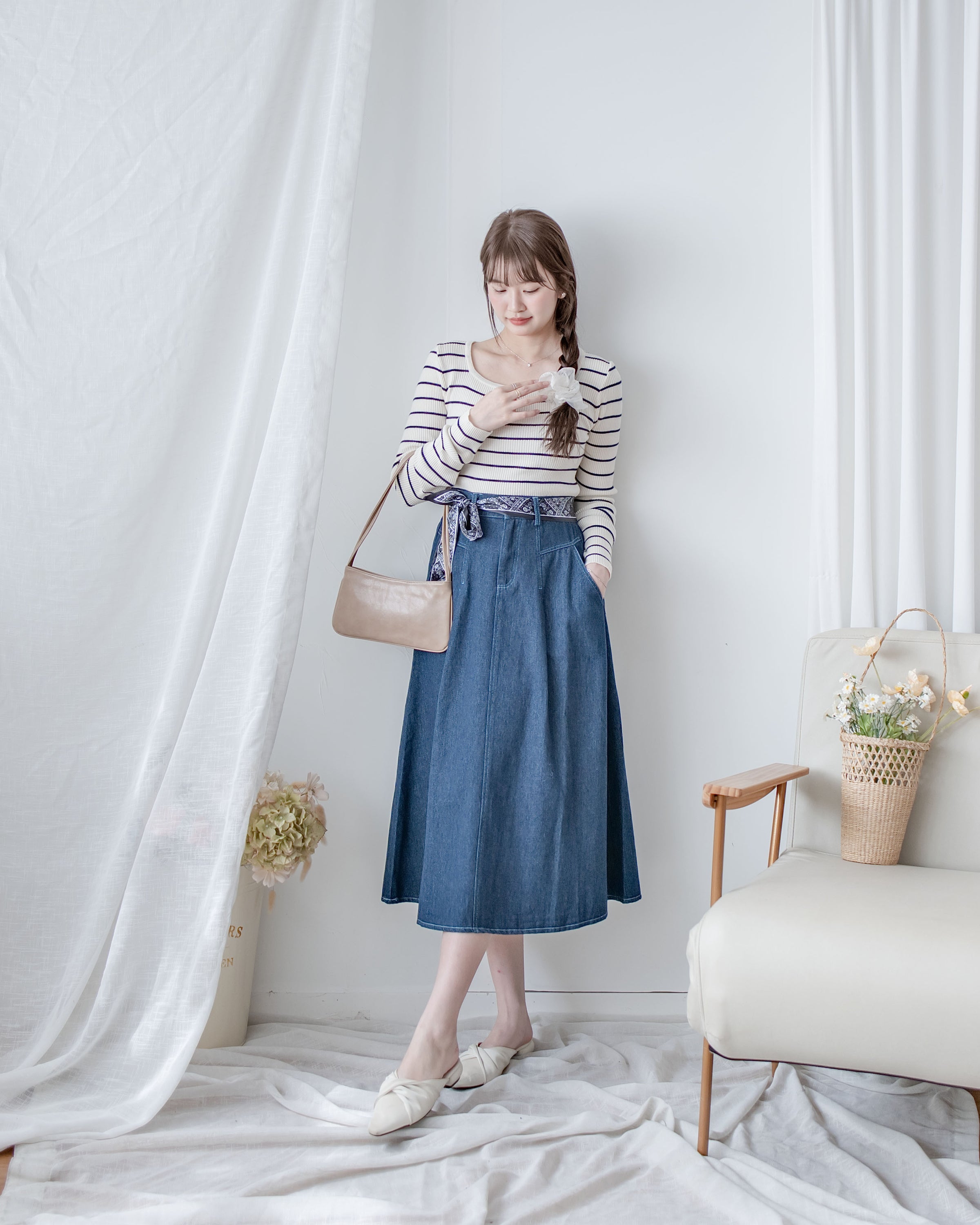 Scarf Denim Skirt 法式絲巾腰帶顯瘦車線牛仔裙/ SK8933