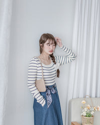 Square Collar Knit Top 法式方領顯瘦條紋針織打底上衣/ TP9211
