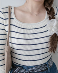 Square Collar Knit Top 法式方領顯瘦條紋針織打底上衣/ TP9211