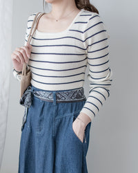 Square Collar Knit Top 法式方領顯瘦條紋針織打底上衣/ TP9211