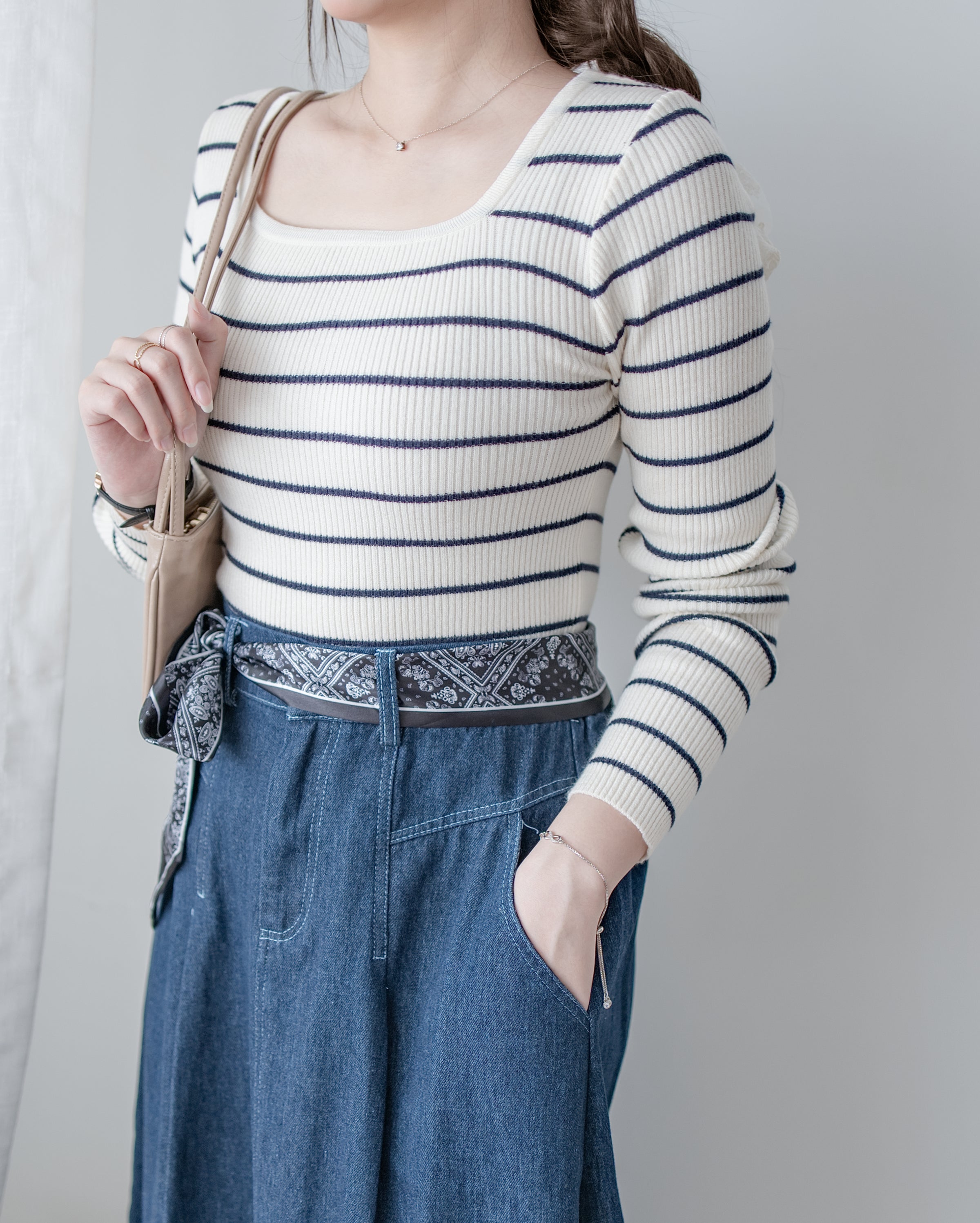 Square Collar Knit Top 法式方領顯瘦條紋針織打底上衣/ TP9211