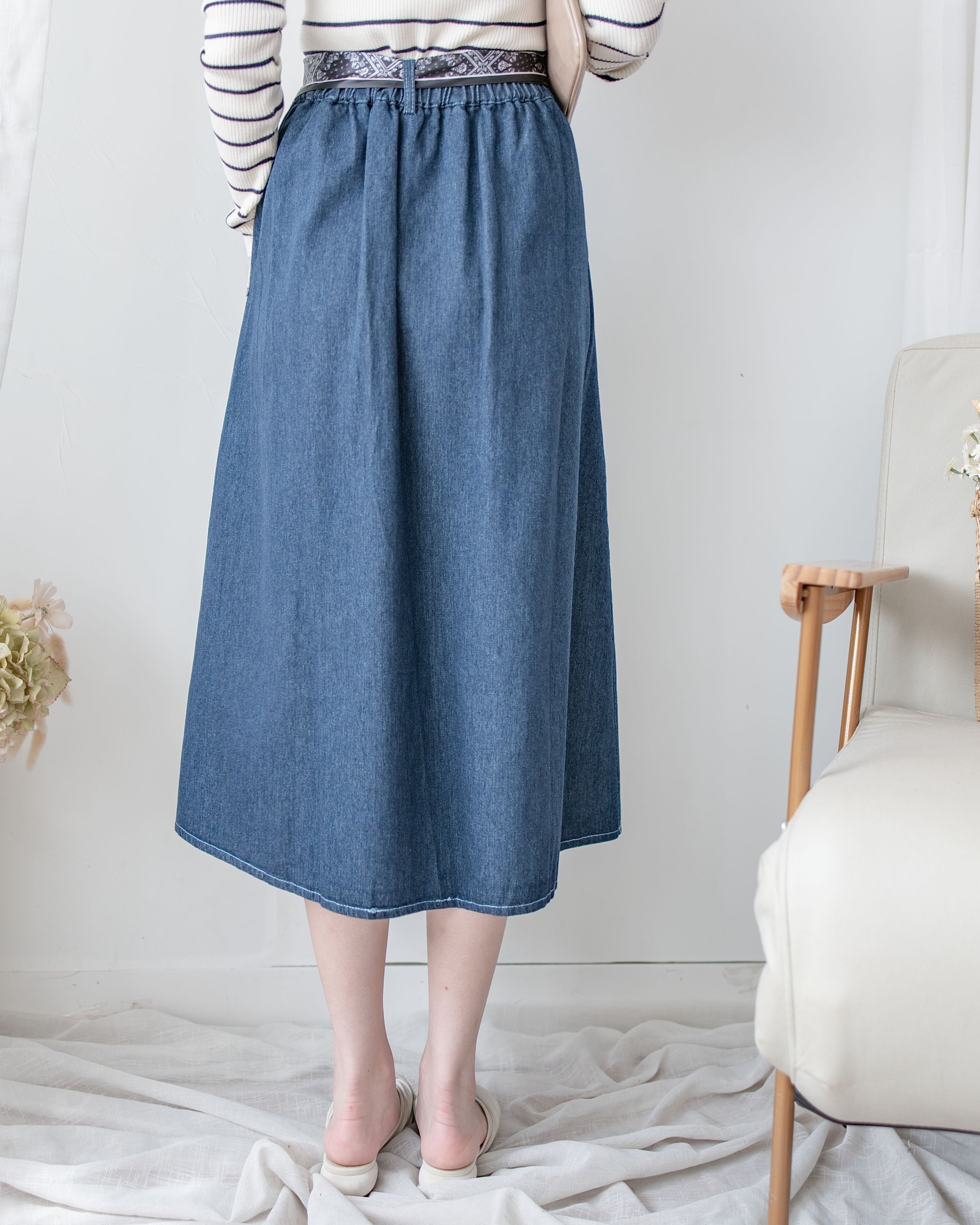 Scarf Denim Skirt 法式絲巾腰帶顯瘦車線牛仔裙/ SK8933