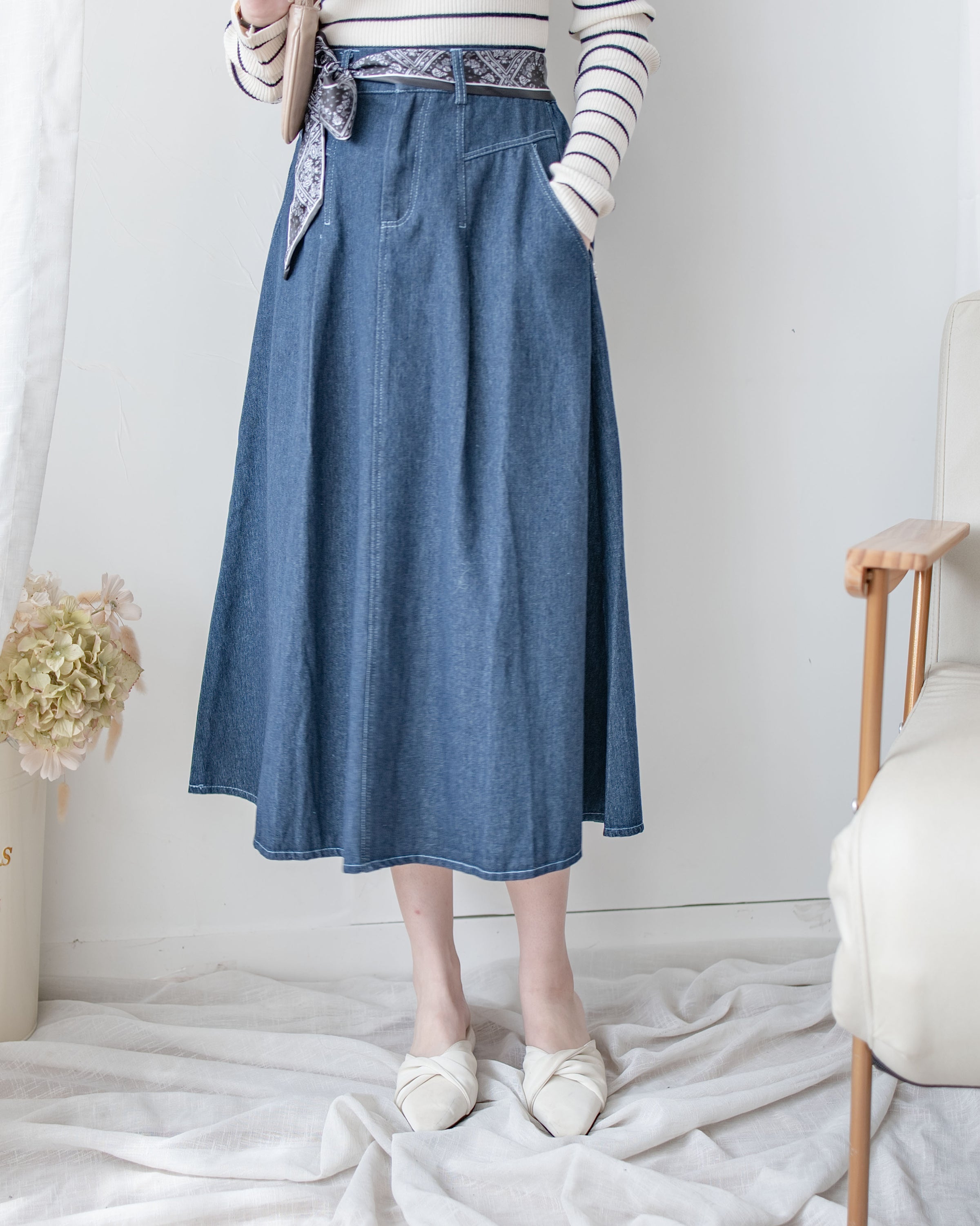 Scarf Denim Skirt 法式絲巾腰帶顯瘦車線牛仔裙/ SK8933
