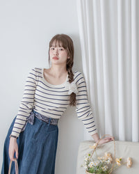 Square Collar Knit Top 法式方領顯瘦條紋針織打底上衣/ TP9211