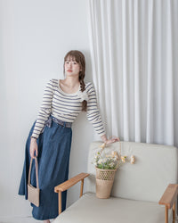 Scarf Denim Skirt 法式絲巾腰帶顯瘦車線牛仔裙/ SK8933