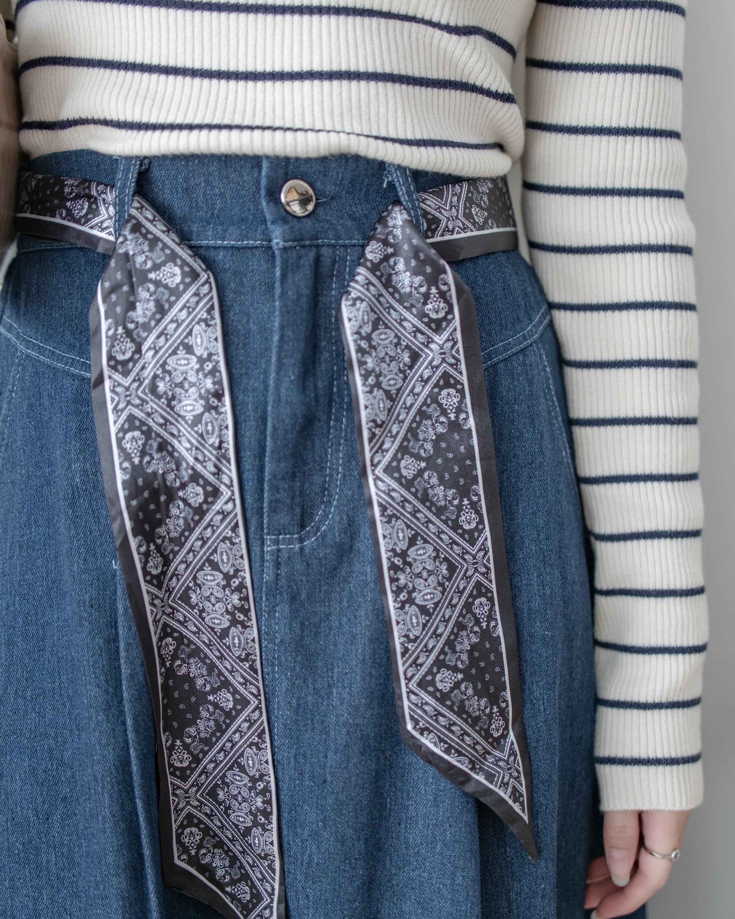 Scarf Denim Skirt 法式絲巾腰帶顯瘦車線牛仔裙/ SK8933