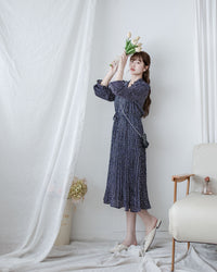 Watercolour Heart Pleated Dress 氣質水彩疊層心形V領百褶連身裙/ DS1085