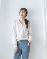 Embroidery Daisy Top  花形刺繡棉質翻領上衣/ TP9212