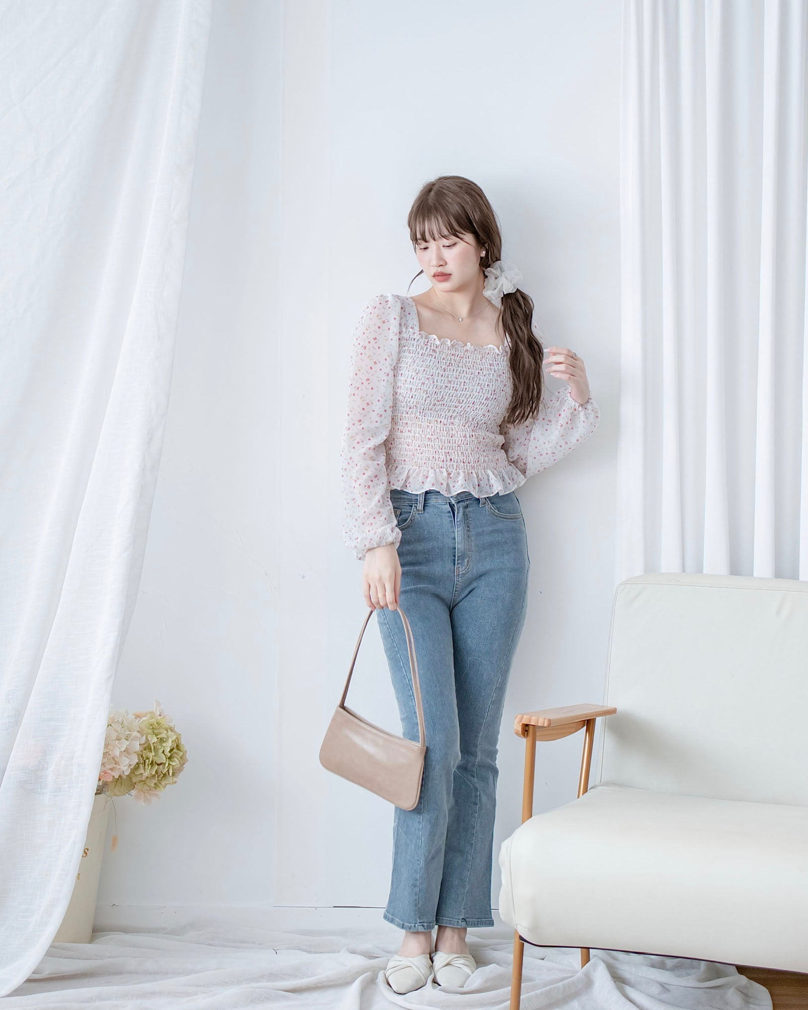 Flora Chiffon Blouse 方領細緻舒適彈力皺褶花布雪紡上衣/ BU9134