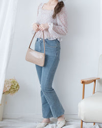 Flora Chiffon Blouse 方領細緻舒適彈力皺褶花布雪紡上衣/ BU9134