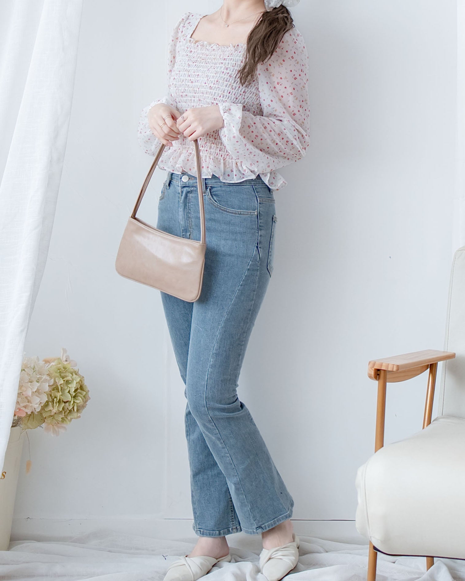 Flora Chiffon Blouse 方領細緻舒適彈力皺褶花布雪紡上衣/ BU9134