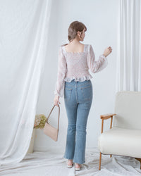 Flora Chiffon Blouse 方領細緻舒適彈力皺褶花布雪紡上衣/ BU9134