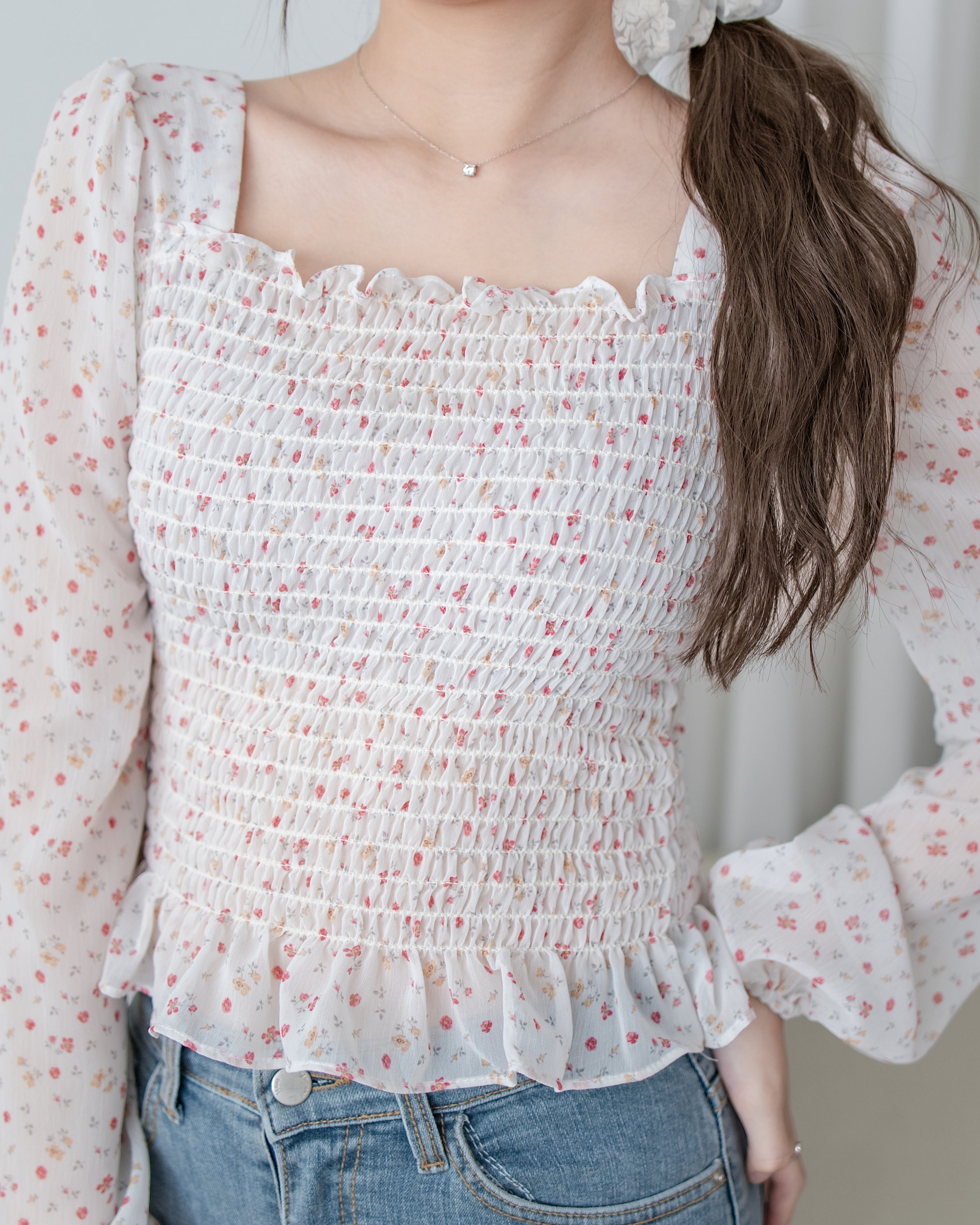 Flora Chiffon Blouse 方領細緻舒適彈力皺褶花布雪紡上衣/ BU9134