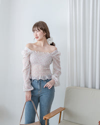 Flora Chiffon Blouse 方領細緻舒適彈力皺褶花布雪紡上衣/ BU9134