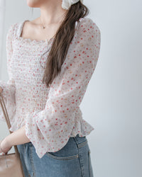 Flora Chiffon Blouse 方領細緻舒適彈力皺褶花布雪紡上衣/ BU9134