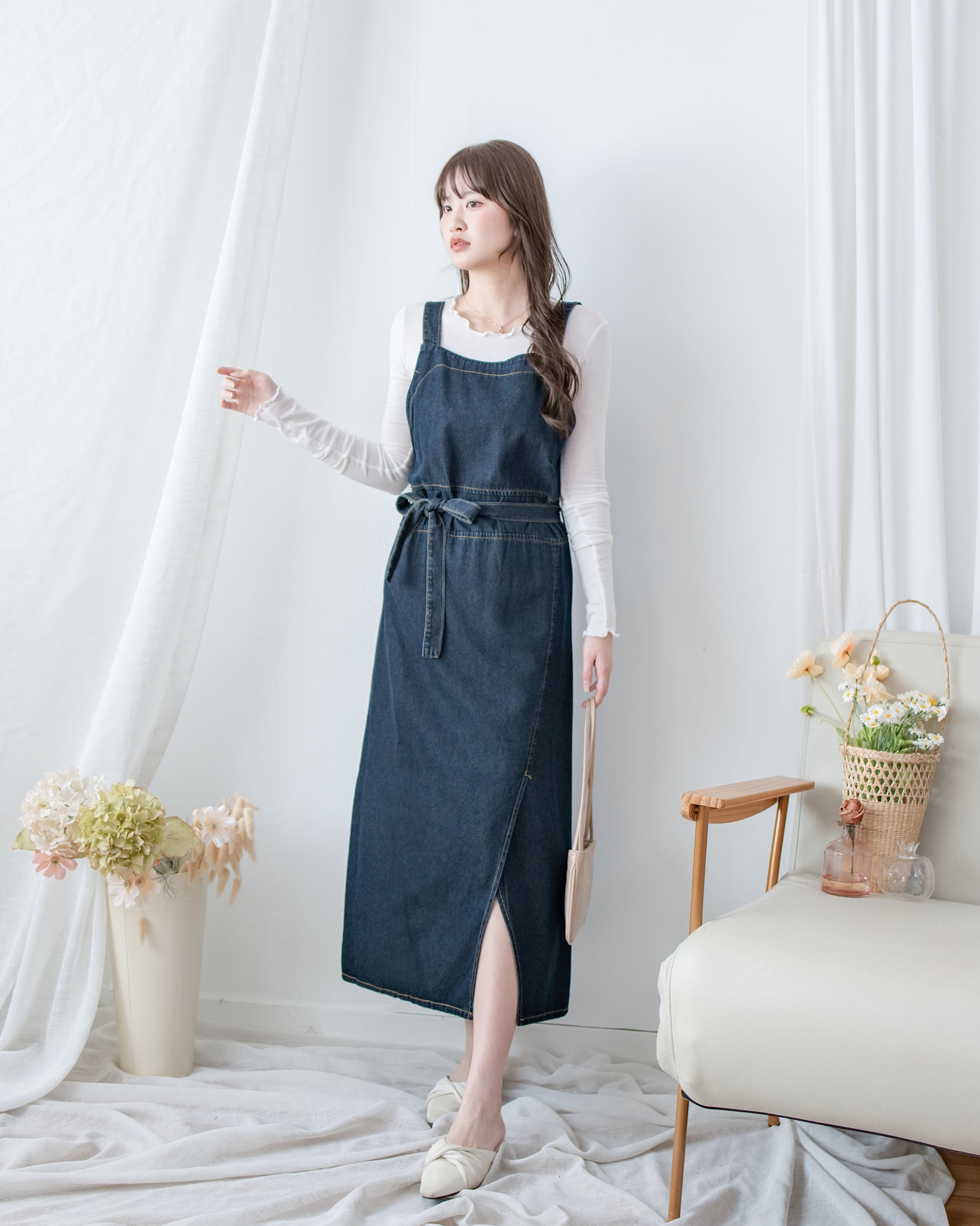 Denim Vest Dress 深藍隨性側開衩質感牛仔吊帶裙/ DS1084