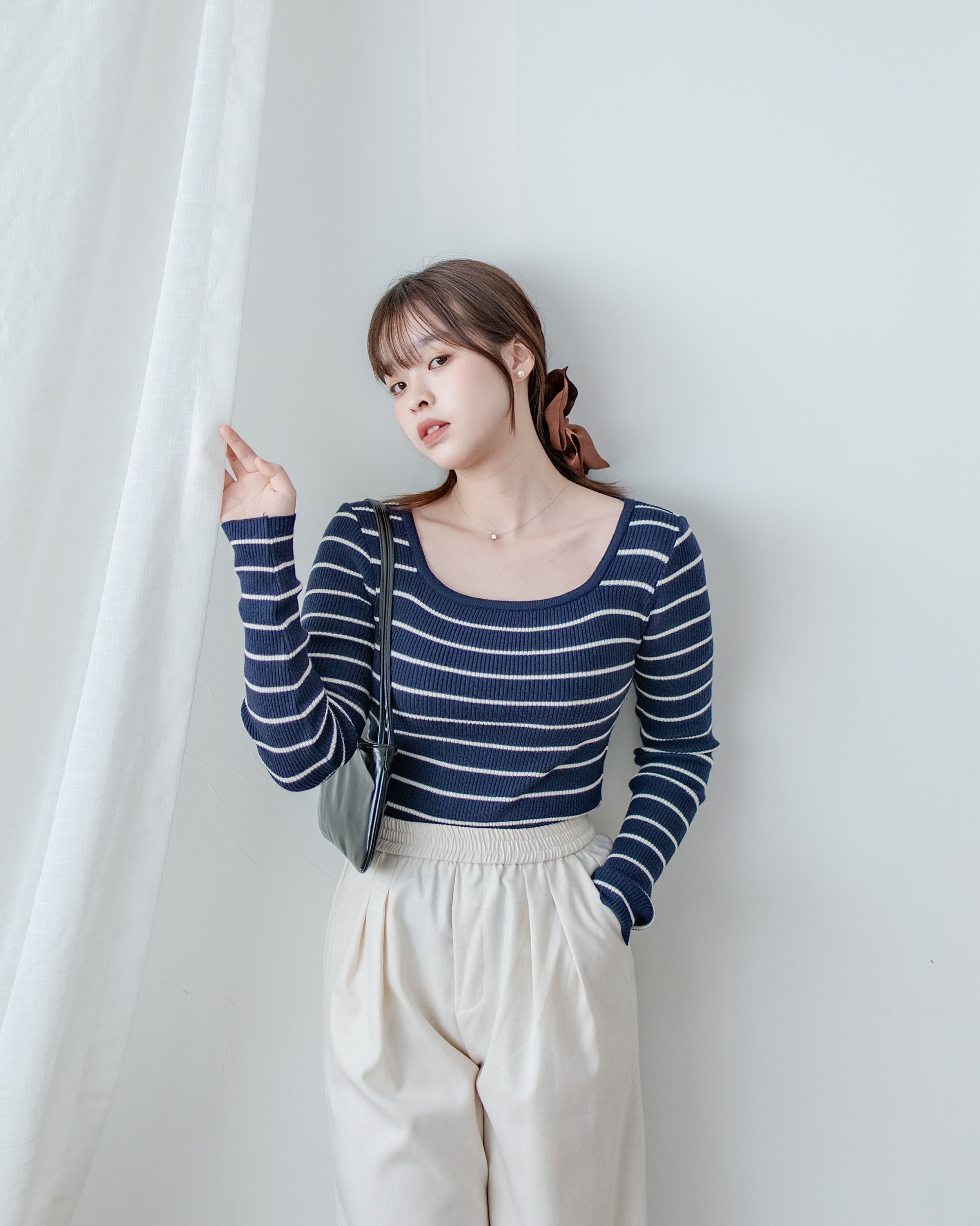 Square Collar Knit Top 法式方領顯瘦條紋針織打底上衣/ TP9211
