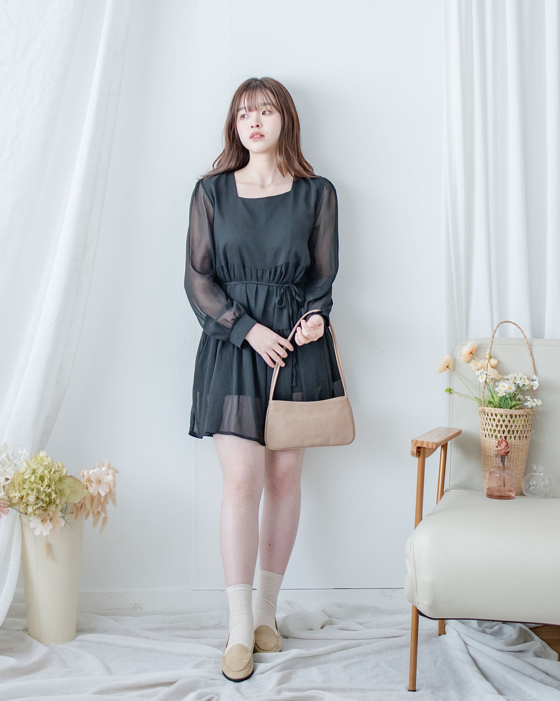 Chiffon Square Collar Dress
 雪紡方領層次感飄逸連衣裙/ DS1082