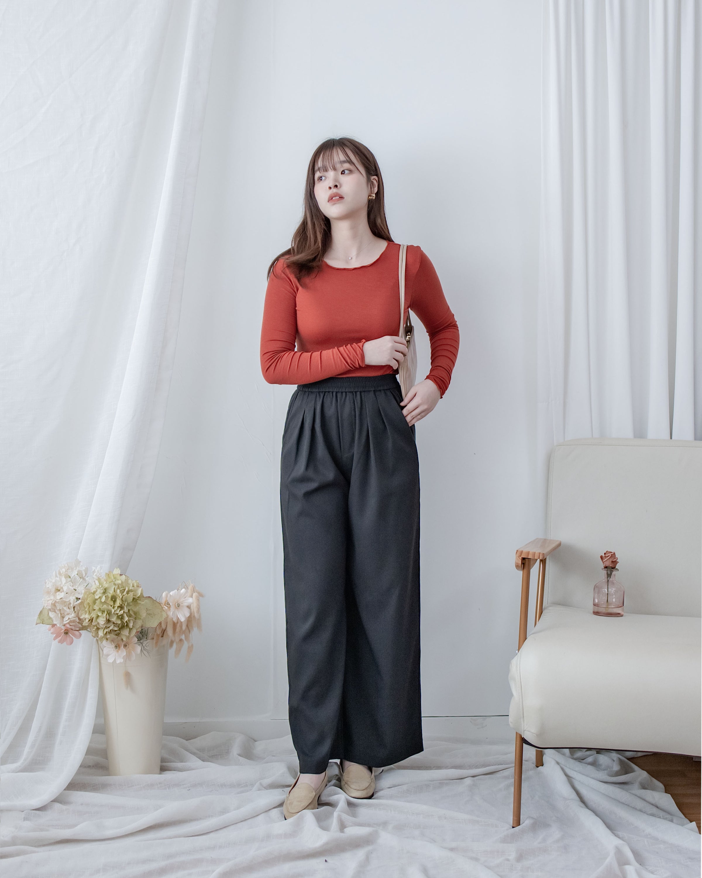 Linen-Cotton Skirt Pants 舒適麻棉仿真褲頭橡筋腰闊褲/ SK8932