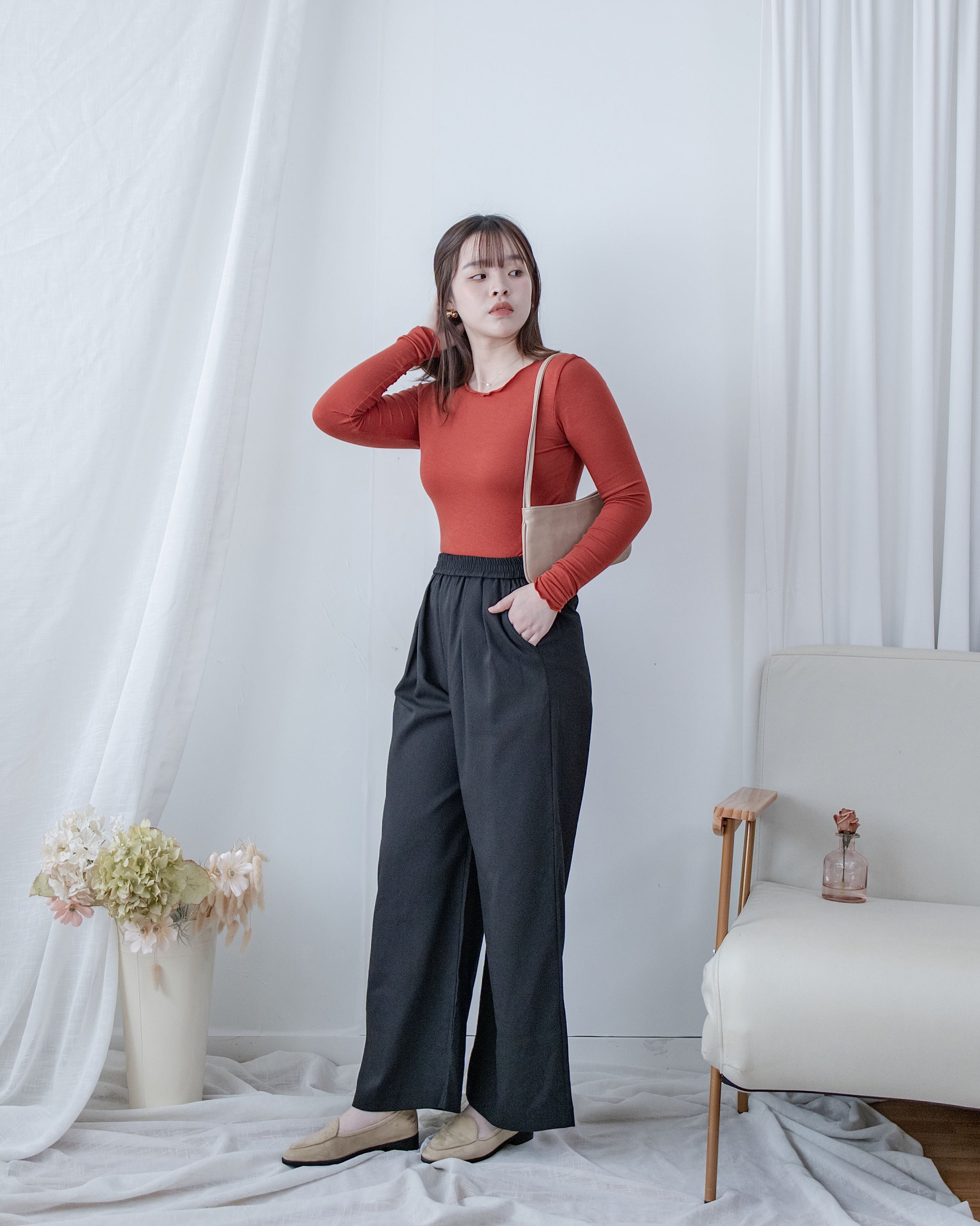 Linen-Cotton Skirt Pants 舒適麻棉仿真褲頭橡筋腰闊褲/ SK8932