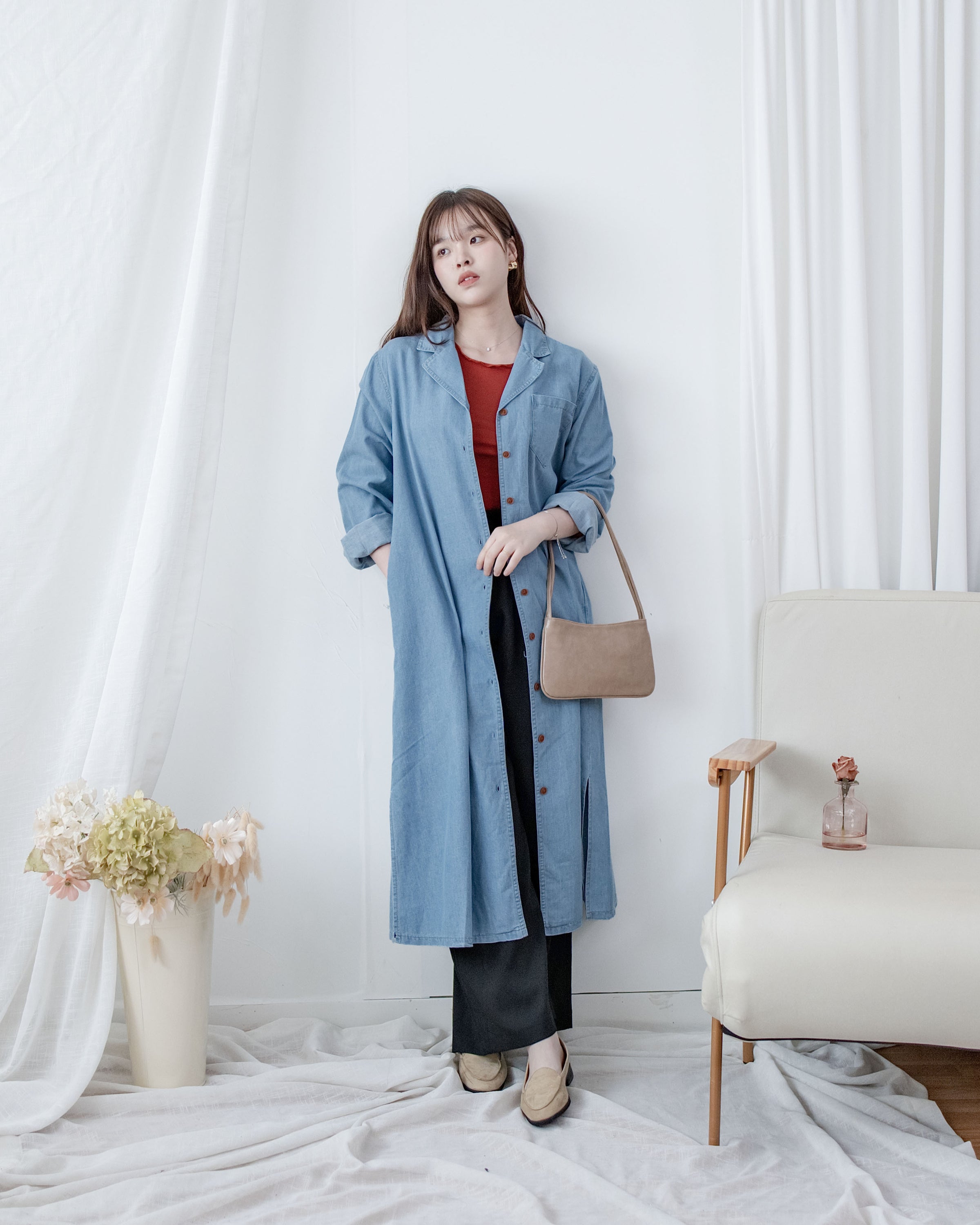 RoseGold Belt Denim Dress 玫瑰金飾扣腰帶輕復古翻領牛仔連身裙/ DS1087