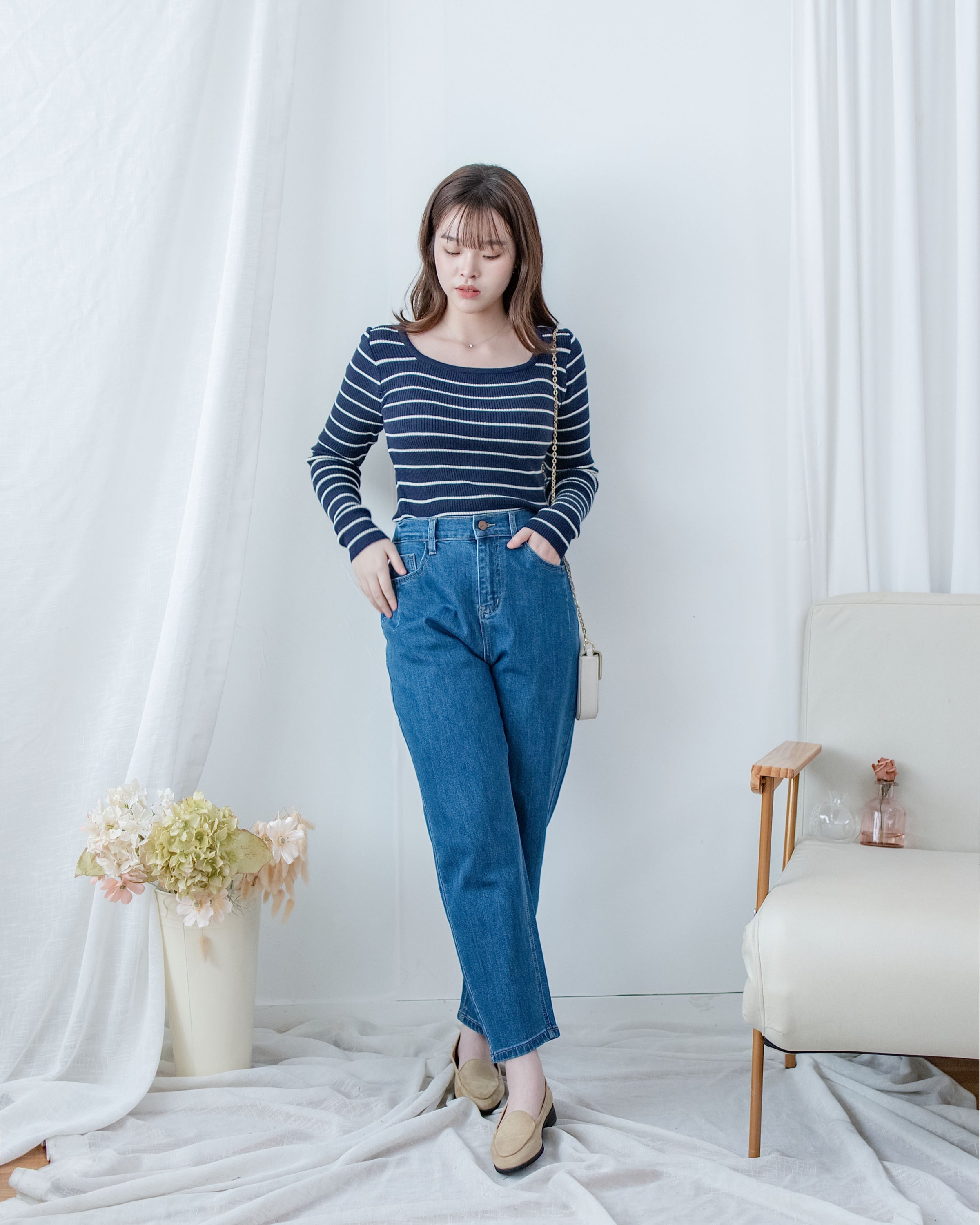 Square Collar Knit Top 法式方領顯瘦條紋針織打底上衣/ TP9211