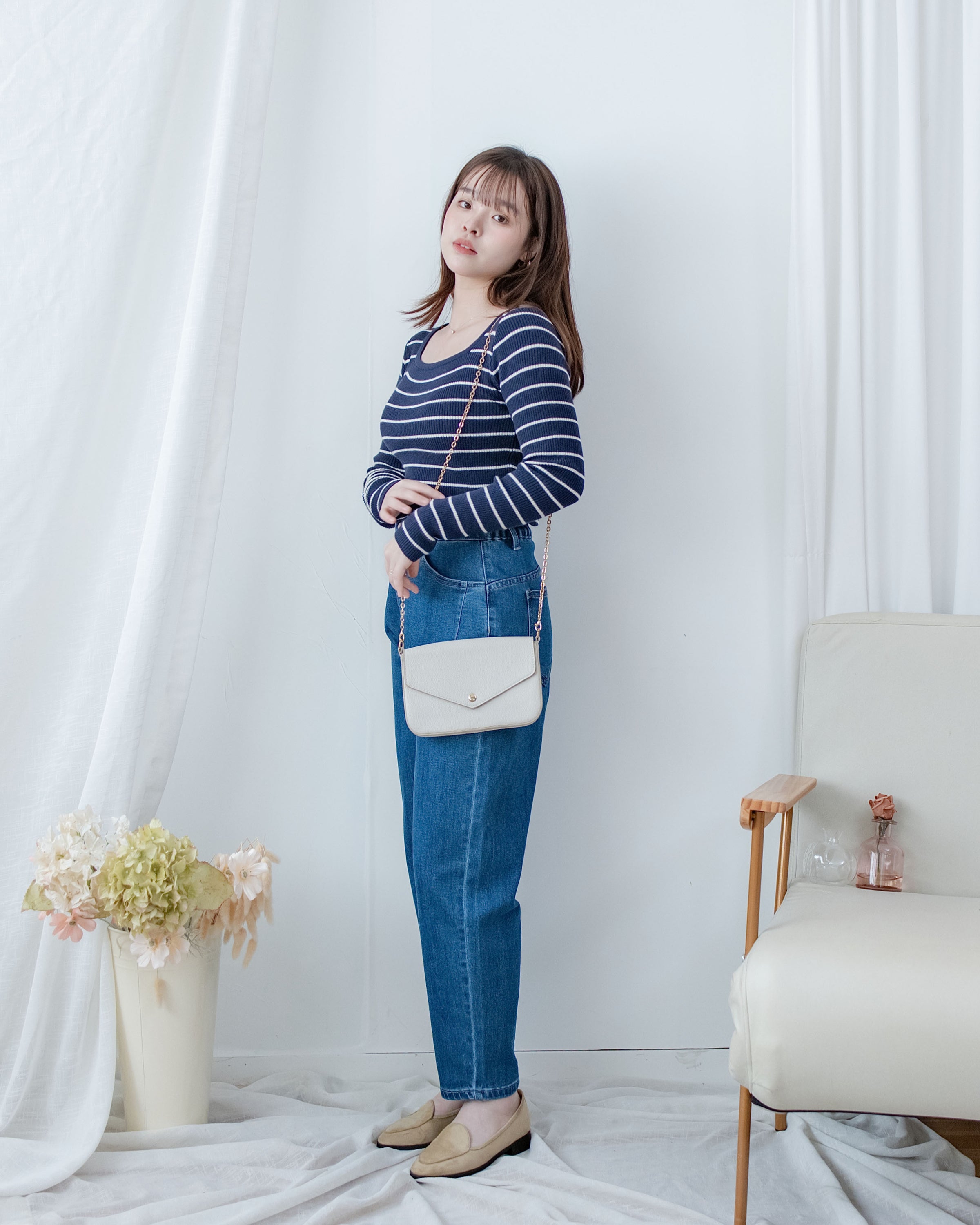 Square Collar Knit Top 法式方領顯瘦條紋針織打底上衣/ TP9211