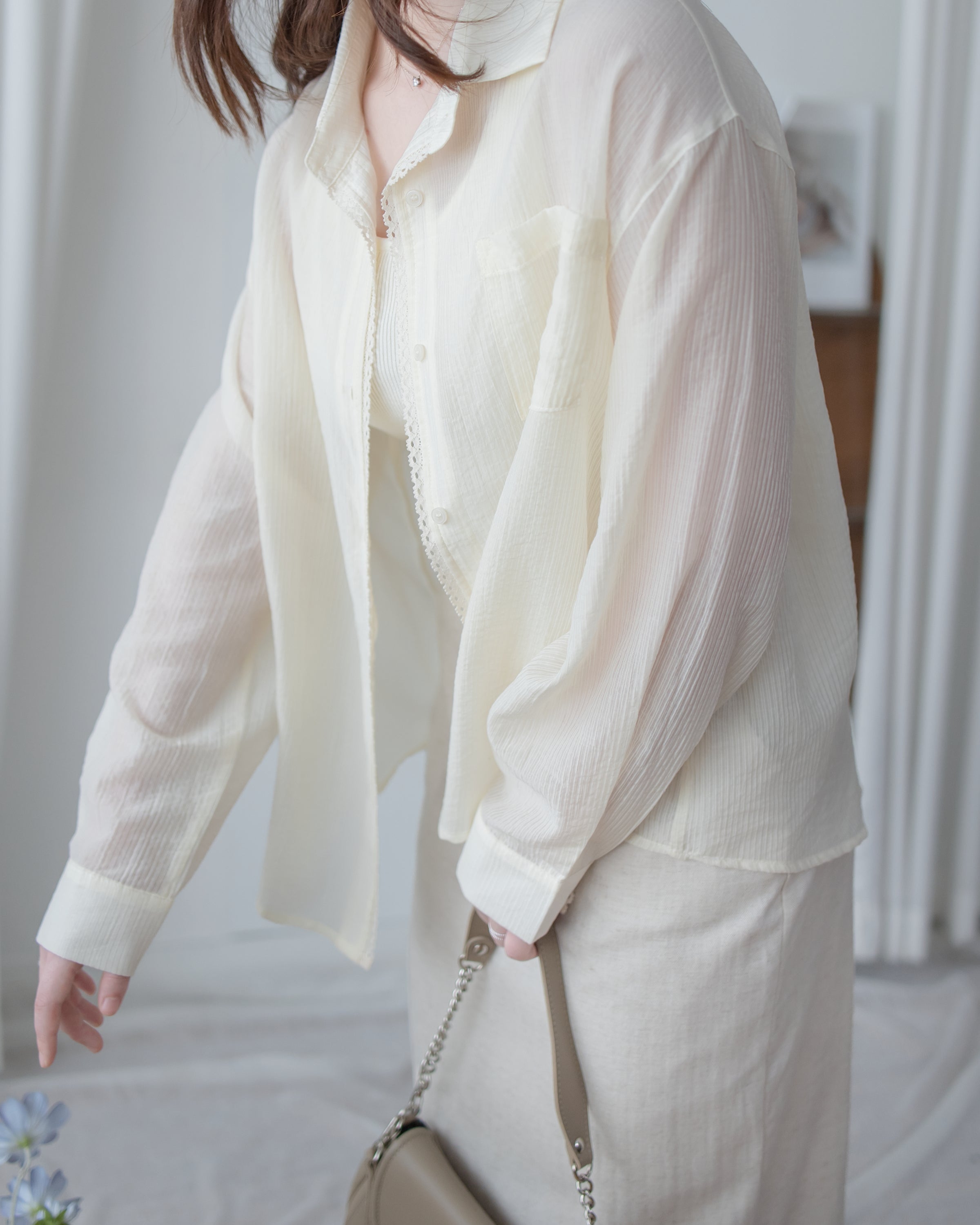 Pastel Yellow Lace Shirt Set 淡黃色花邊層次恤衫套裝/ SE8082
