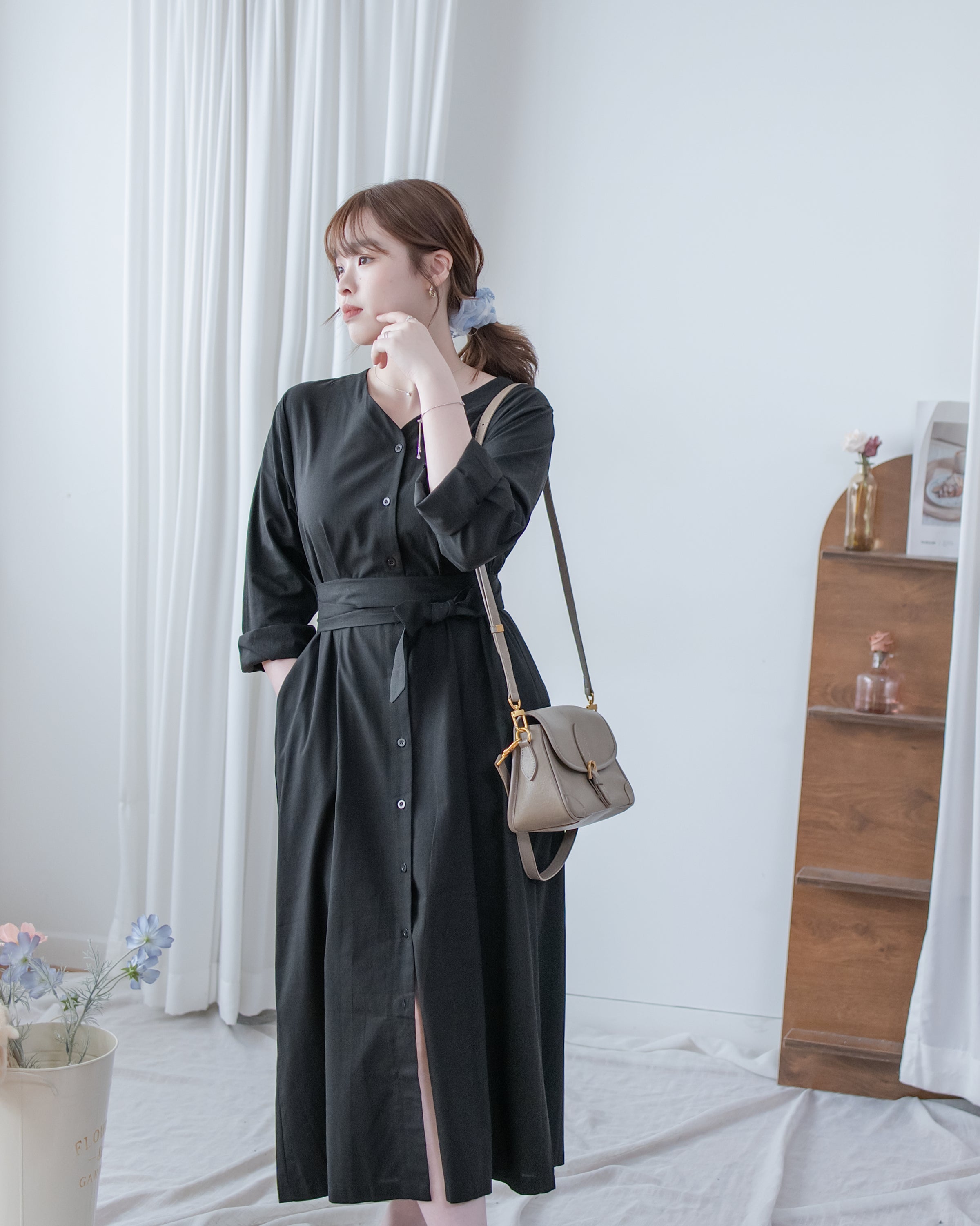 Tie-Waist Dress 隨性氣質雙圈修腰口袋連身裙/ DS1089