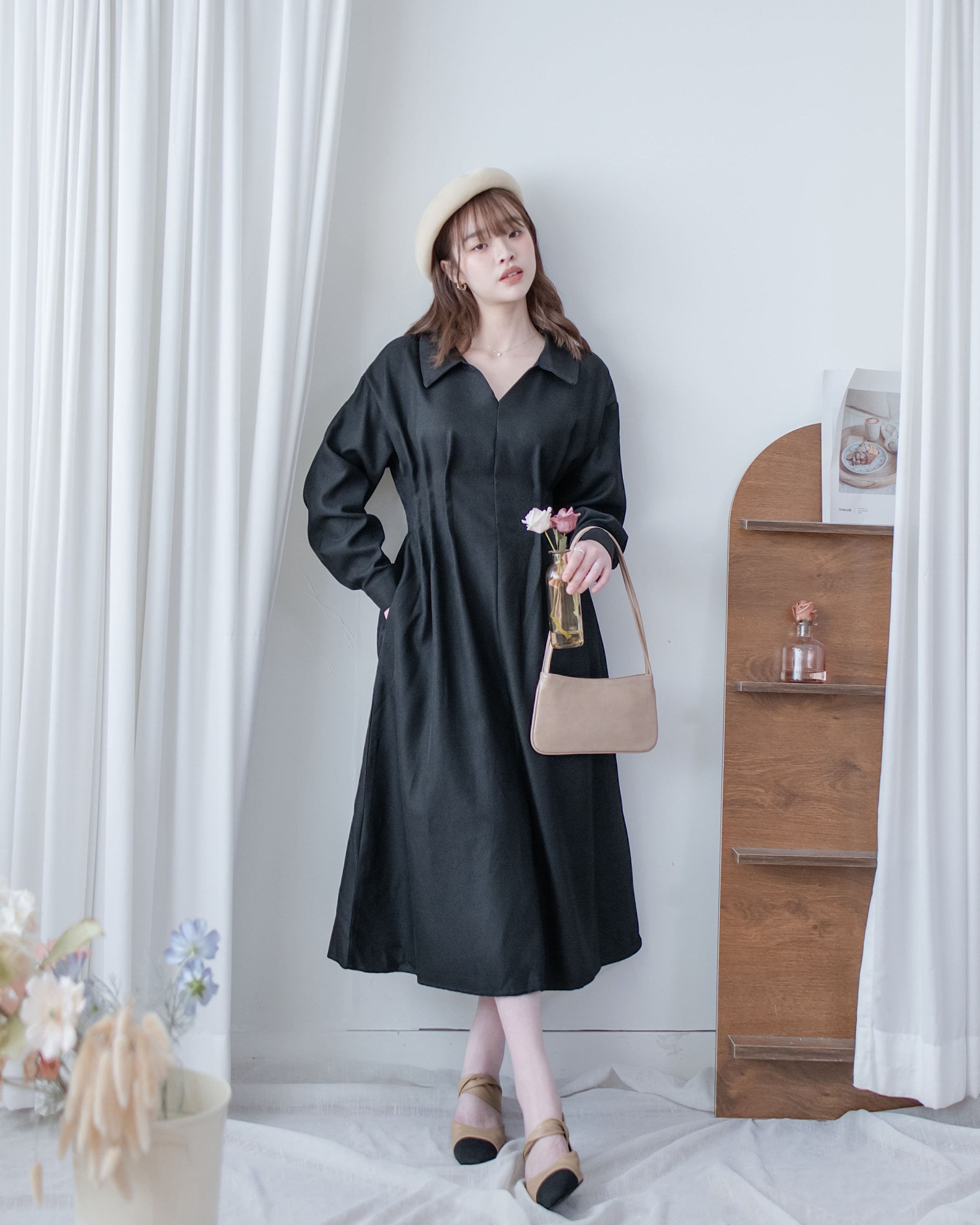 Collar Pleated Dress 翻領口前車褶顯瘦修腰口袋連身裙/ DS1092