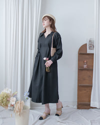 Collar Pleated Dress 翻領口前車褶顯瘦修腰口袋連身裙/ DS1092