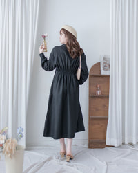 Collar Pleated Dress 翻領口前車褶顯瘦修腰口袋連身裙/ DS1092