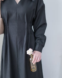 Collar Pleated Dress 翻領口前車褶顯瘦修腰口袋連身裙/ DS1092