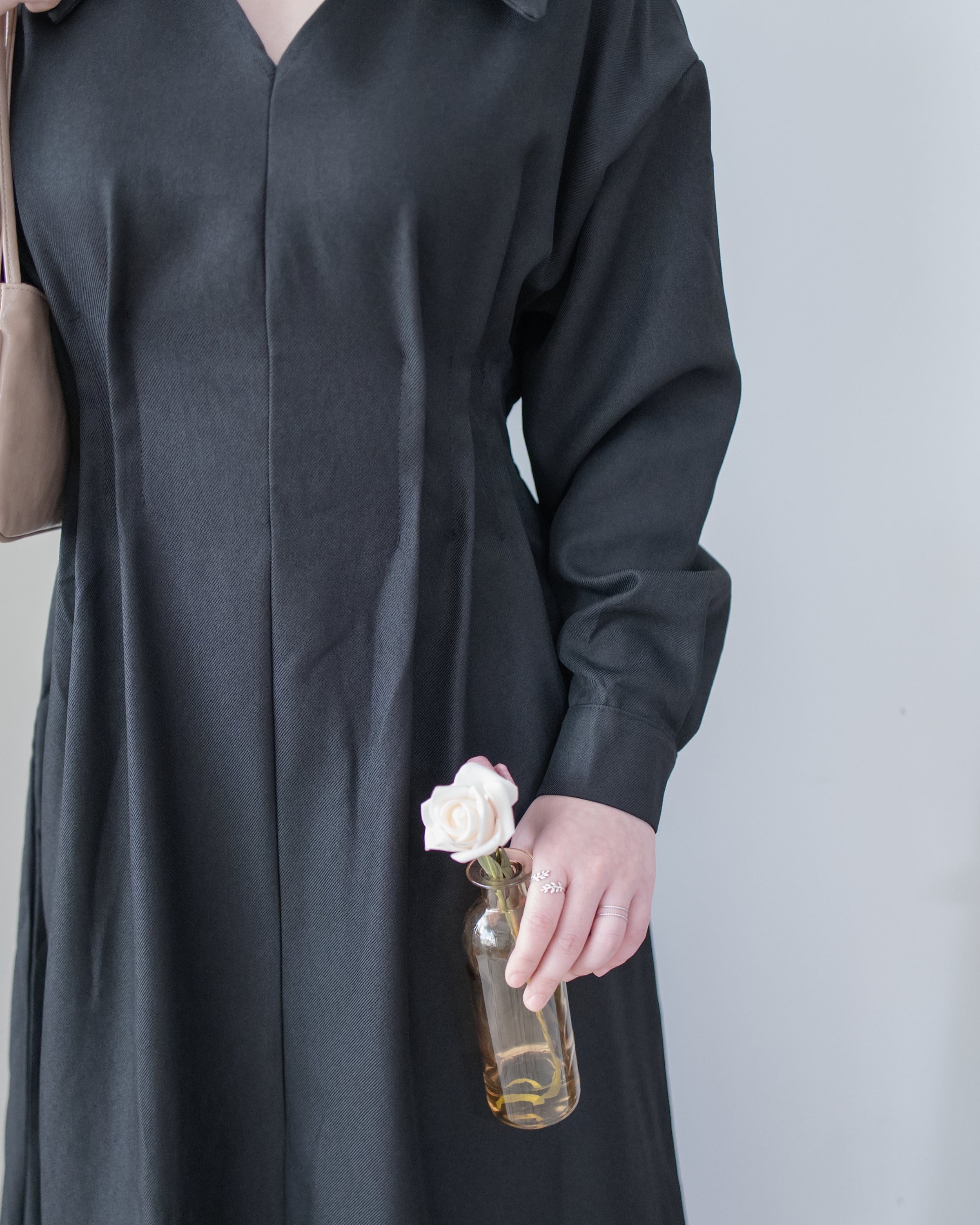 Collar Pleated Dress 翻領口前車褶顯瘦修腰口袋連身裙/ DS1092