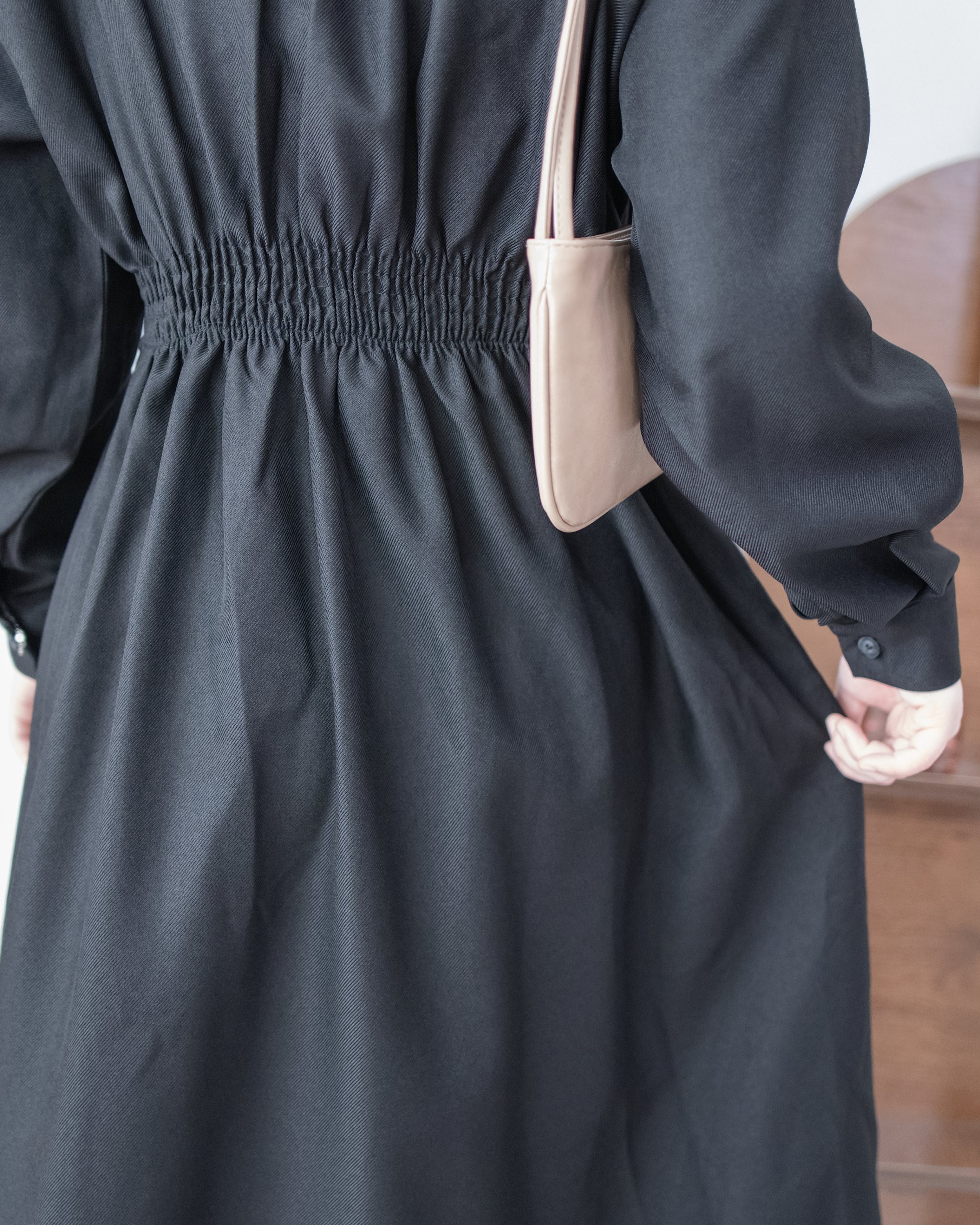 Collar Pleated Dress 翻領口前車褶顯瘦修腰口袋連身裙/ DS1092