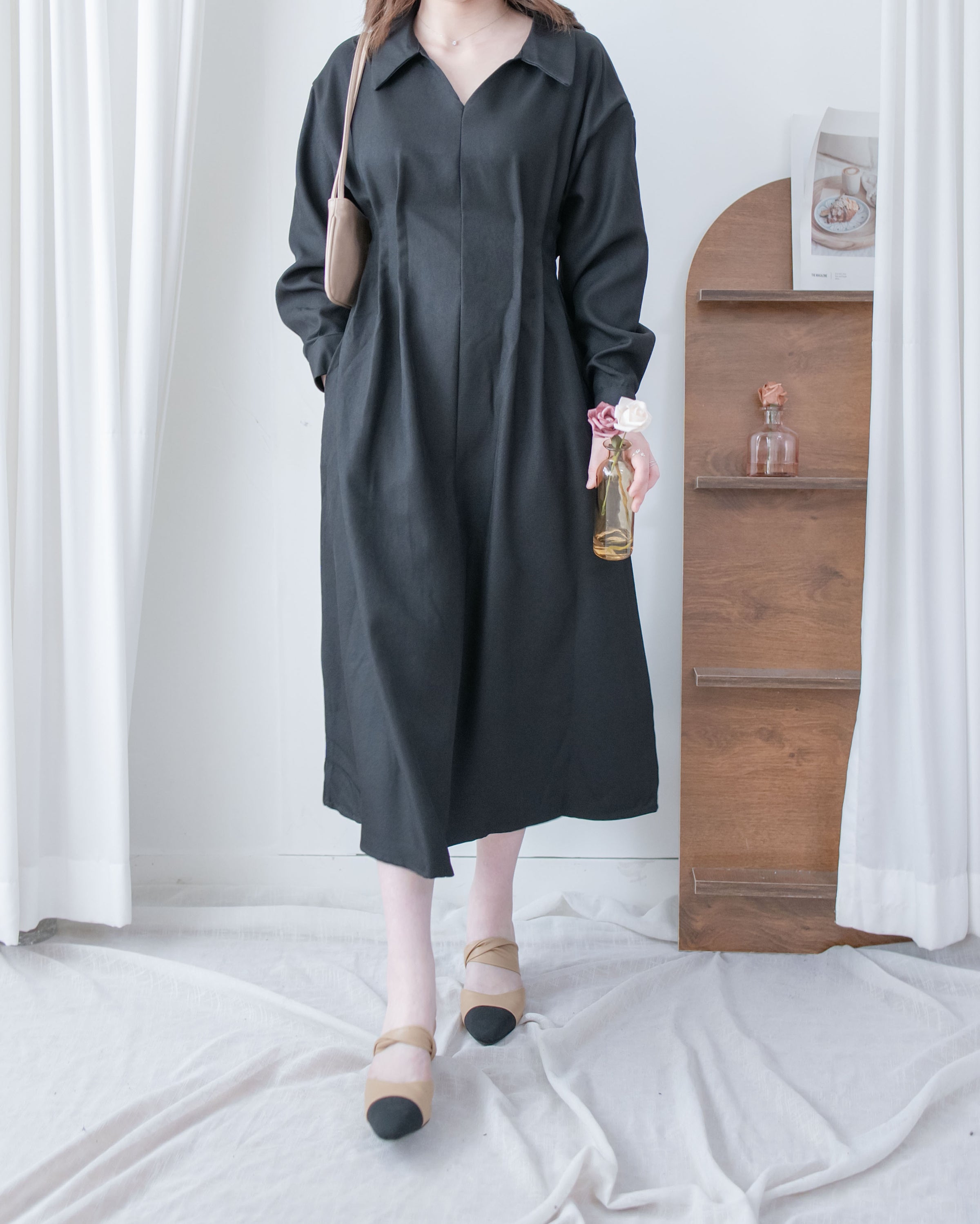 Collar Pleated Dress 翻領口前車褶顯瘦修腰口袋連身裙/ DS1092