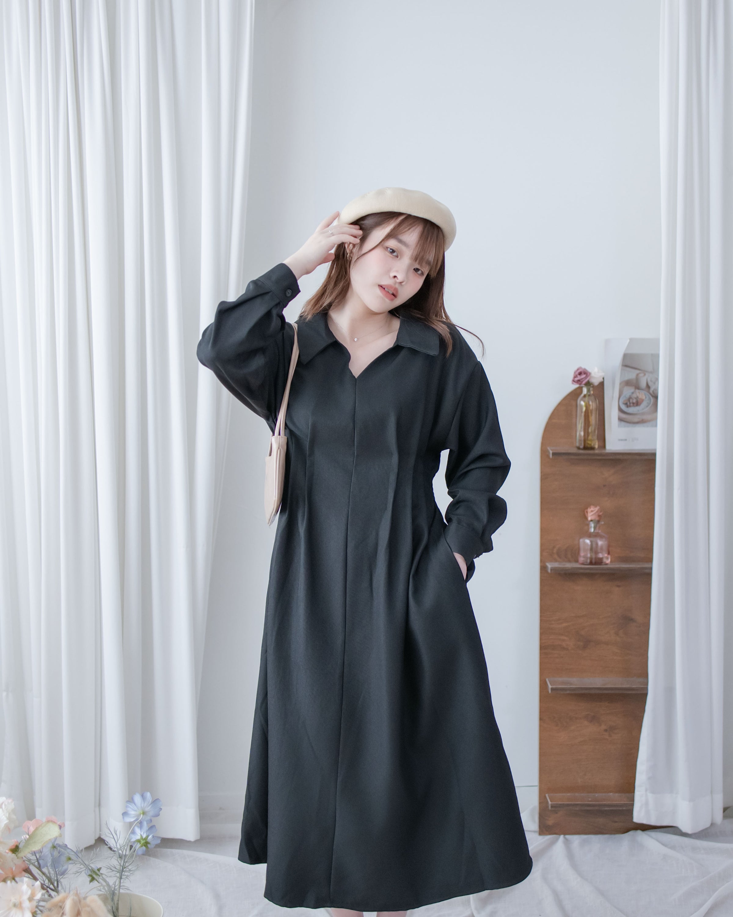Collar Pleated Dress 翻領口前車褶顯瘦修腰口袋連身裙/ DS1092