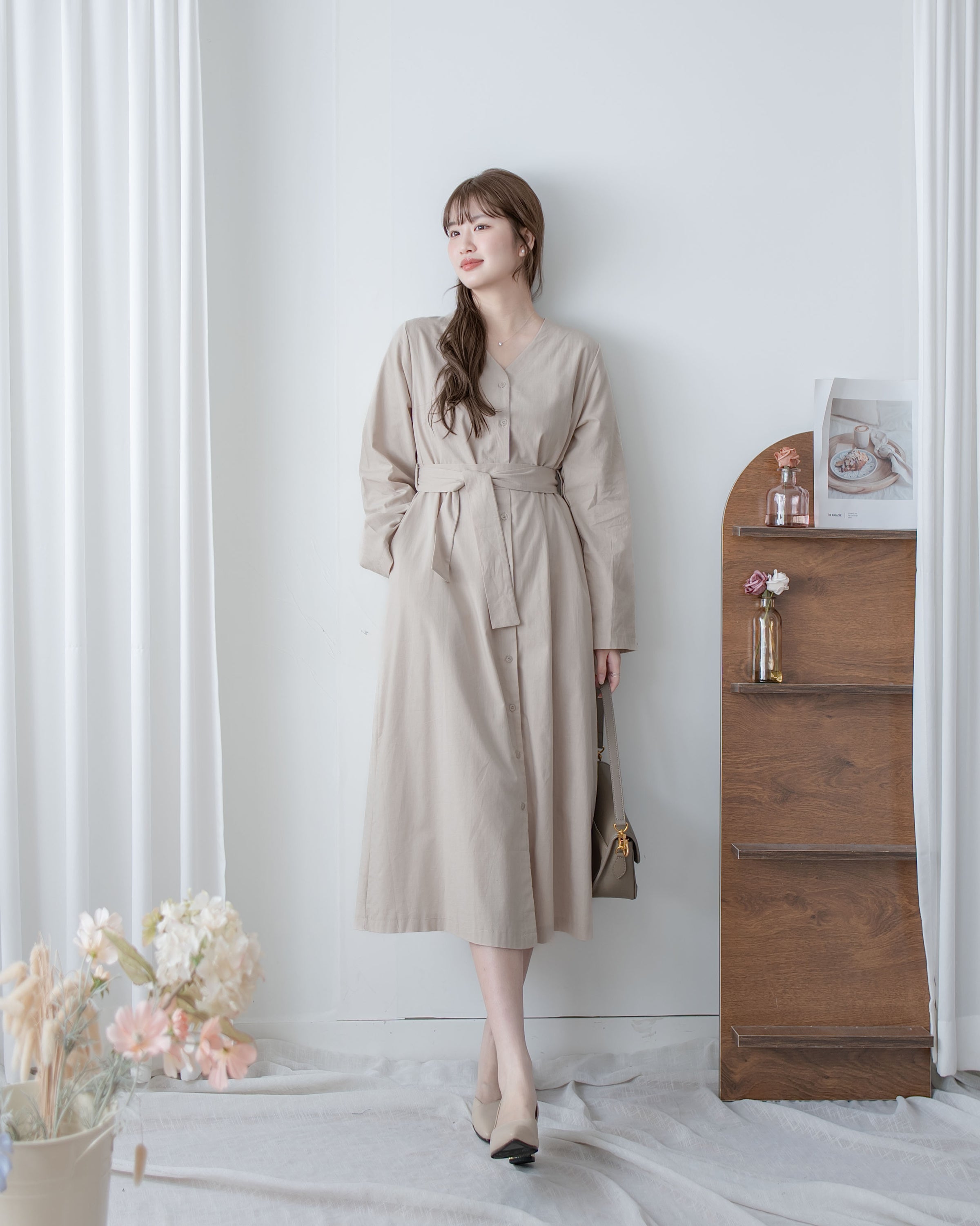 Tie-Waist Dress 隨性氣質雙圈修腰口袋連身裙/ DS1089