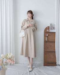 Collar Pleated Dress 翻領口前車褶顯瘦修腰口袋連身裙/ DS1092