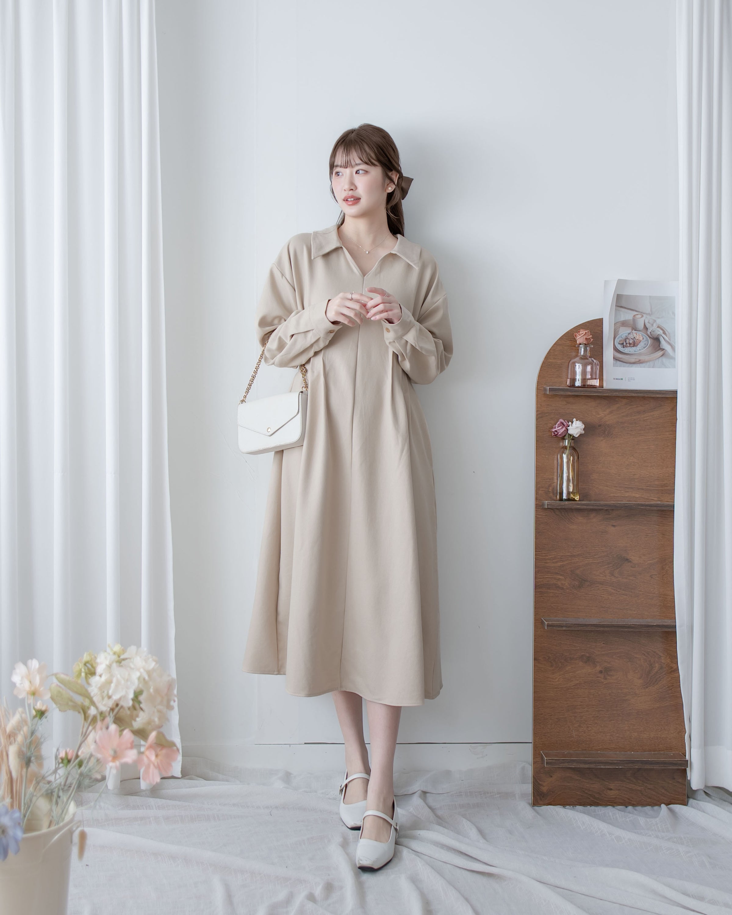 Collar Pleated Dress 翻領口前車褶顯瘦修腰口袋連身裙/ DS1092