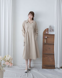 Collar Pleated Dress 翻領口前車褶顯瘦修腰口袋連身裙/ DS1092