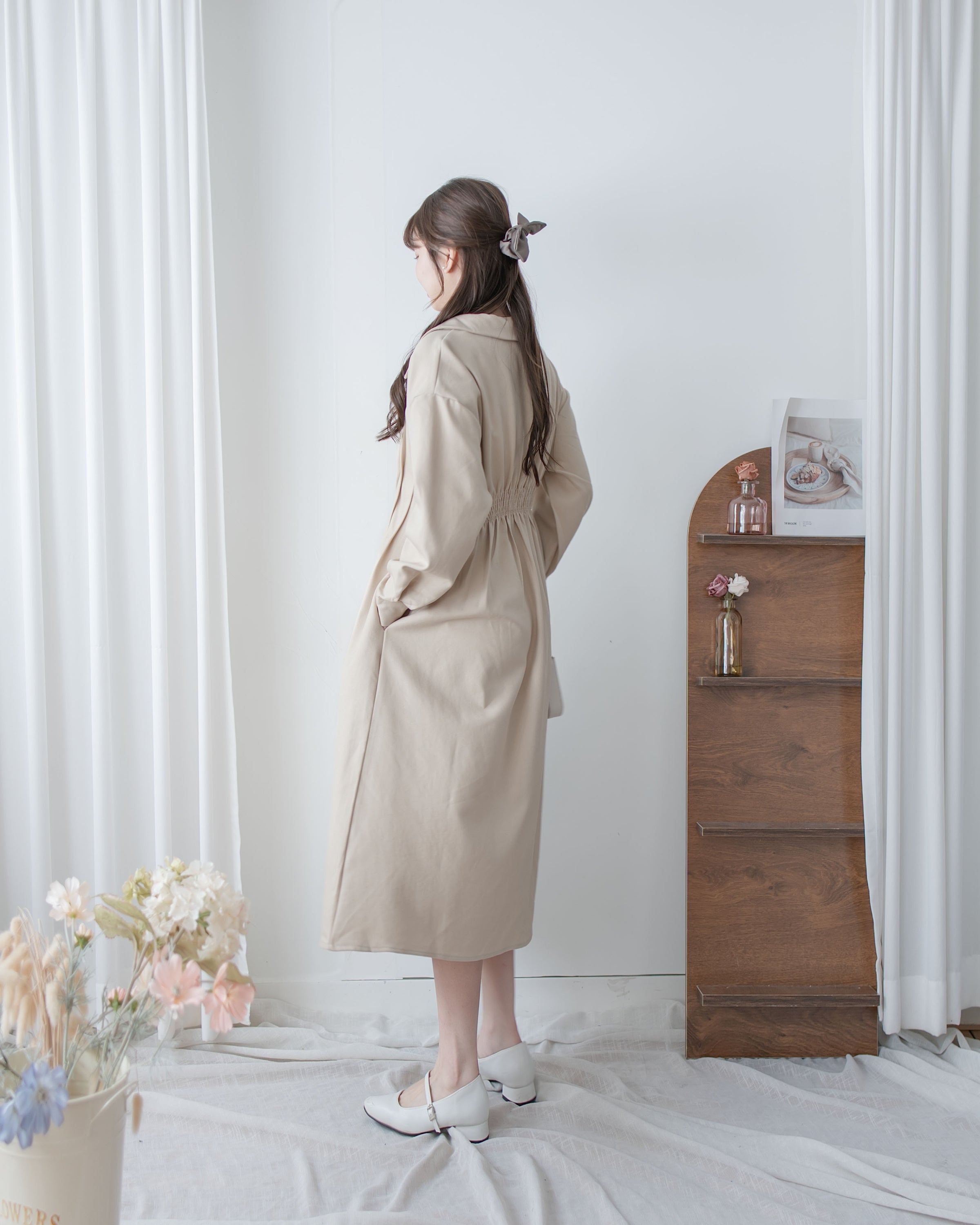 Collar Pleated Dress 翻領口前車褶顯瘦修腰口袋連身裙/ DS1092