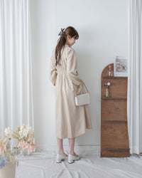 Collar Pleated Dress 翻領口前車褶顯瘦修腰口袋連身裙/ DS1092